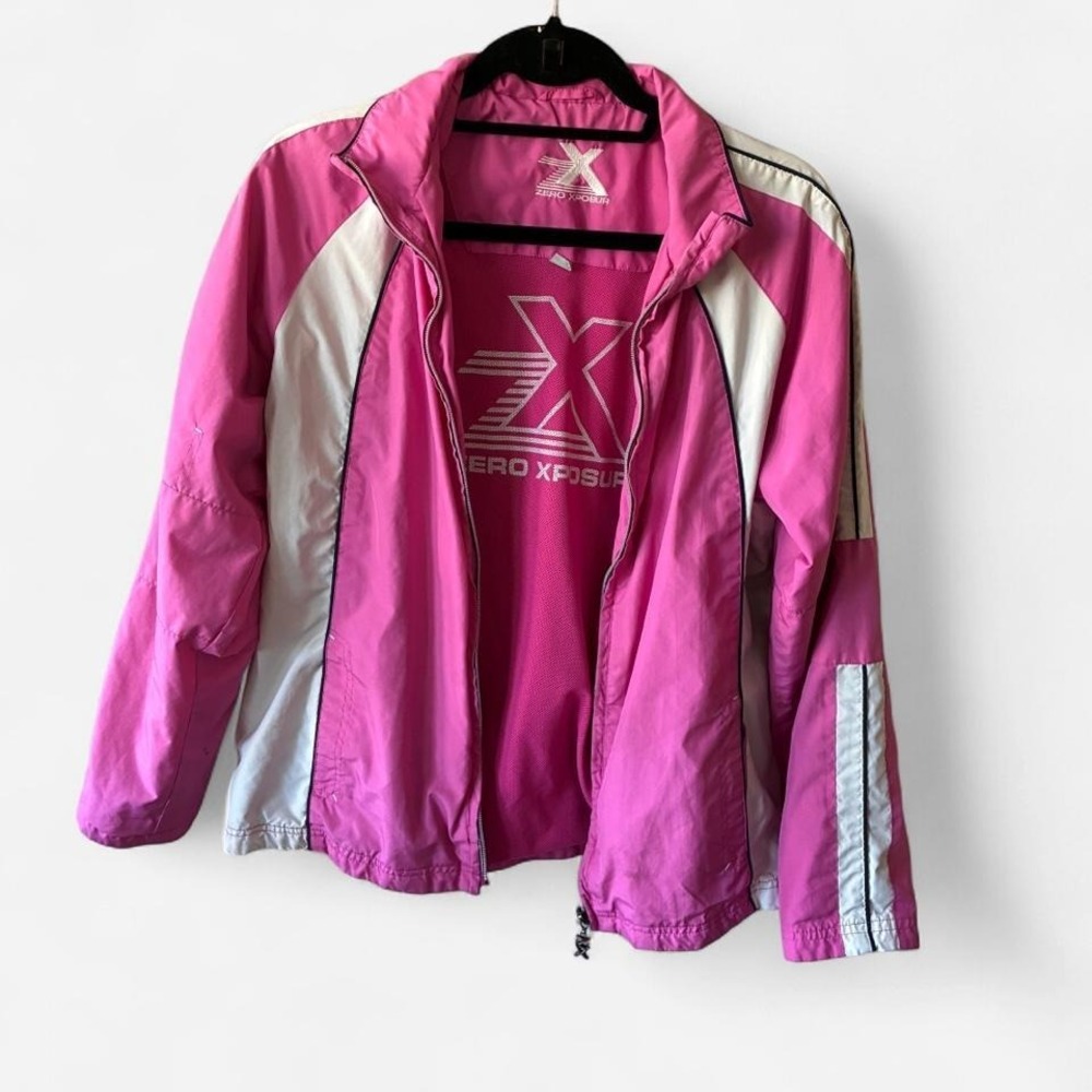 Zero Xposure Pink and white windbreaker w/ SPF blocking Sz Lg w/ zipper pockets